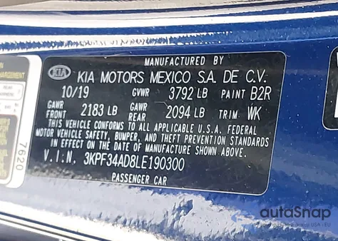 2020 Kia Forte Gt-Line z USA, uszkodzony, nr VIN 3KPF34AD8LE190300